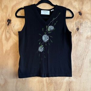 Vintage Villager Liz Claiborne Floral Glitter Black Sweater Vest